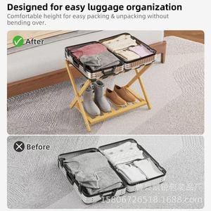 Porte-bagages en bois à double couche, pliable, support de rangement portable pour chambre d'hôtel, couleur bois naturel - Product Image 5