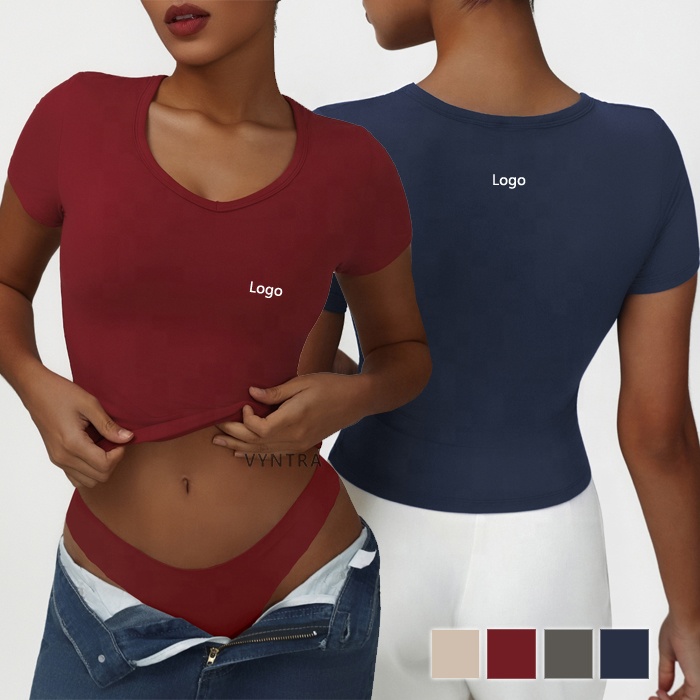 Women Activewear Casual Short Sleeve V-Neck Shirts Workout Running Tight Slim Fitness Gym Sports T-shirt Clothes Yoga Tee Tops
