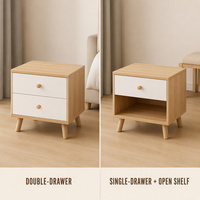 Table de chevet moderne à 2 tiroirs avec plateau en bois et pieds effilés, finition blanche, meuble de rangement durable et écologique pour chambre à coucher