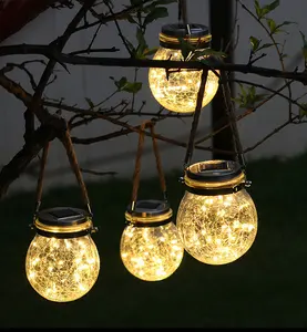 Maté un producto de alta calidad DIY mason jar con luz led hermosa grietas en la botella de vidrio para la decoración al aire libre