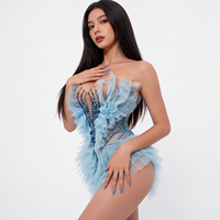 Robe mini en tulle bleu ciel à volants et strass, sans bretelles, avec plumes, pour danse lyrique, concours et spectacle sur scène