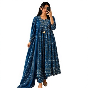 Women's Blue Printed Cotton <b>Kurta</b> Set With Dupatta Traditional <b>Indian</b> Pakistani Style Floor-Length Loose Fit Casual Wear - Product Image 1