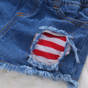 Conjuntos de Ropa para Niños: Top Estampado con Hombros Descubiertos y Jeans Rotos de Mezclilla, Pantalones Cortos de Mezclilla para Niñas, Ropa Personalizada para Bebés - Product Image 6