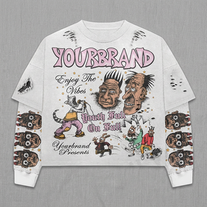 เสื้อยืดแขนยาวทรงครอปพิมพ์ลายการ์ตูนสไตล์สตรีทโอเวอร์ไซส์สำหรับผู้ชาย คอกลม ผ้าฝ้ายถัก - Product Image 1