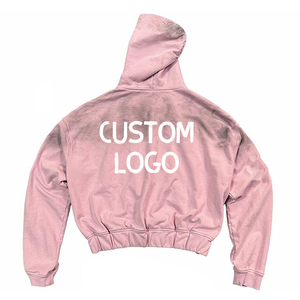 เสื้อฮู้ดดี้ผู้ชายผ้าฝ้ายทรงหลวมแบบซิป สีชมพูทำเก่า ย้อมสีแบบสเปรย์สไตล์สตรีทแฟชั่น  รับผลิตตามสั่งพร้อมปักโลโก้ขายส่ง - Product Image 2