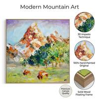 Peinture sur toile paysage montagneux Impasto de qualité supérieure, art mural texturé moderne avec cadre flottant en bois massif pour hôtel et bureau