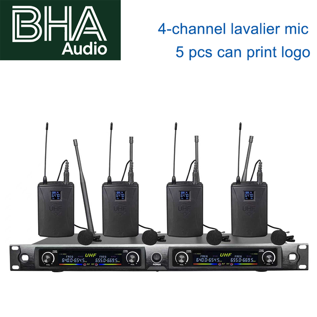 BHA BH404 4 Channel Wireless Lavalier Microphone System 4 Transmitters 1 Receiver Lapel Mic for Interview Vlog Live Streaming