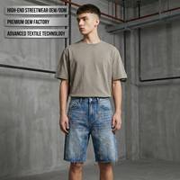 Shorts en jean streetwear gothique personnalisés, premium, épais, délavés à l'acide, avec strass thermocollés, bords bruts, 100% coton, mi-longs, respirants