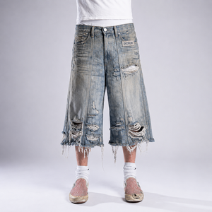 DiZNEW Short en jean vintage délavé pour <span class=keywords><strong>homme</strong></span>, coupe ample, avec empiècements, bords bruts, style streetwear, OEM - Product Image 1