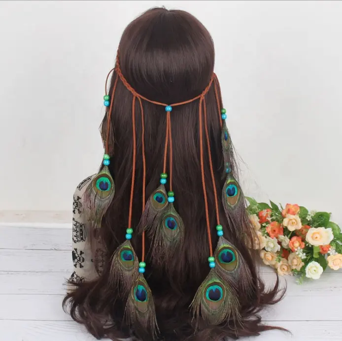 2020 Bán Buôn Ban Nhạc Tóc Lông Chim Công Đầy Màu Sắc Chuỗi Đính Cườm Hairband Hairwear Headband Phụ Kiện Tóc Phụ Nữ Quà Tặng Bohemian