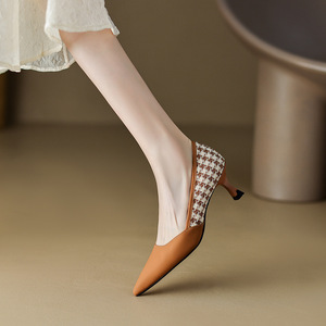 High Heels New Spring and Autumn Pointed Single Thousand Bird Lattice Temperament Fine Heel Women's Shoes - Product Image 4