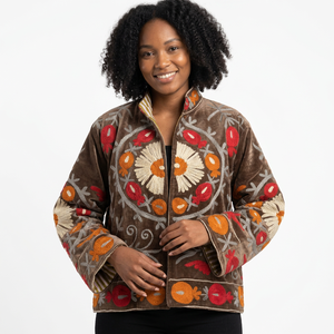 Embroidered <b>Quilted</b> Velvet Bomber <b>Jacket</b> Floral <b>Pattern</b> Mandarin Collar Full Sleeve Autumn Women's Handcrafted Cotton Design - Product Image 5