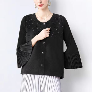 PY Primavera - Cárdigan Elegante y Transpirable para Mujer, Estilo Coreano, con Pliegues, Cuentas y Mangas Acampanadas, Holgado e Informal - Product Image 3