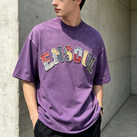 T-shirt Homme Oversize Décontracté Vintage Lavé Court en Jean Patchwork Multicolore avec Lettres, Personnalisable Marque Privée OEM