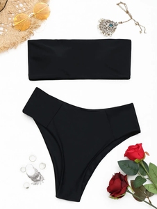 Customized Summer Recycled Swimsuits High Waist Swimwear Ribbed Crinkle <b>Bathing</b> Suit Two-piece Split Bandeau Bikini for Ladies - Product Image 4