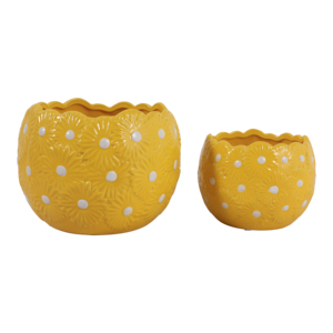 Set di due vasi in ceramica con disegno a margherite e pois gialli, per interni ed esterni. - Product Image 4