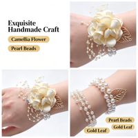 Bunga Pergelangan Tangan Elastis Berhiaskan Mutiara, Daun Emas, dan Rhinestone Warna Burgundy Ivory Rose Gold untuk Pengiring Pengantin, Pengantin Wanita, Dekorasi Pernikahan, dan Pesta Prom