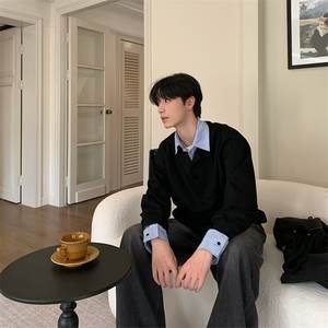 Sweat-shirt à col rabattu décontracté en laine à blocs de couleur à deux pièces factices pour homme et femme, manches longues, hiver, ample, couple - Product Image 2