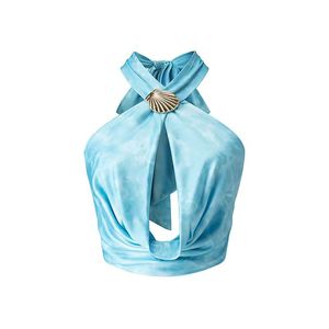 New Breathable Polyester Casual Halter Neck Top Cowl Drape Shell-Embellished Metal Clasp | Alluring <b>Back</b> Cut-Out Solid Color - Product Image 2