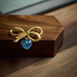 Luxury Natural Aquamarine Heart <b>Bow</b> Brooch 18K Gold Plated Copper with Textured <b>Bow</b> Elegant Wedding <b>Gift</b> Jewelry Pin - Product Image 6