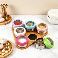 Ensemble de boîtes à épices magnétiques avec support en bambou, 6 pièces, colorées, durables, de qualité alimentaire, étanches, en acier inoxydable, avec couvercles transparents