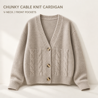 Kardigan Rajut Kabel Wanita Warna Beige, Kerah V, Lengan Panjang, Kancing Depan, Tekstur Kepang, Manset Bergaris, Model Crop, Pakaian Santai untuk Layering