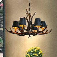 Lustre décoratif à 6 lumières, design rétro américain de luxe, en résine en forme de bois de cerf, abat-jour en tissu industriel pour grenier