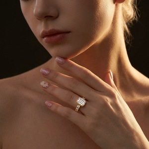 Women's 18K Gold Plated 925 <b>Silver</b> <b>Emerald</b> Cut Moissanite Engagement <b>Ring</b> Prong Setting Classic Style Geometric Design - Product Image 3