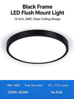 Plafonnier LED encastré noir de 12 pouces, 24W, 1800LM, 5CCT, 2700K-6500K, dimmable Triac, ultra-fin de 0,98 pouces, 120V, ETL, FCC