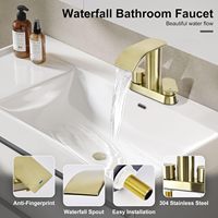 Robinet de salle de bain en acier inoxydable à 2 poignées Gold Waterfall, économie d'eau, 1,2 GPM, cartouche à disque céramique sans plomb, 2 trous