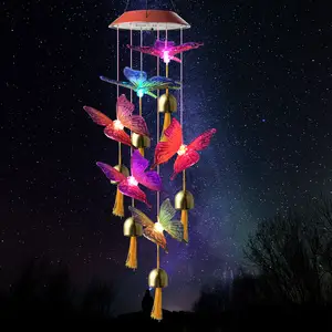 Luz solar impermeável para decoração de jardim ao ar livre, carrilhão de vento com sino, tubo de liga de alumínio, carrilhão solar borboleta