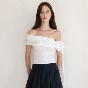 Light-Mature Style <b>Peasant</b> <b>Top</b>-Women's One Shoulder Knitted Blouse Flutter Sleeve Tie Regular Fit Compressed Eco-Friendly - Product Image 1