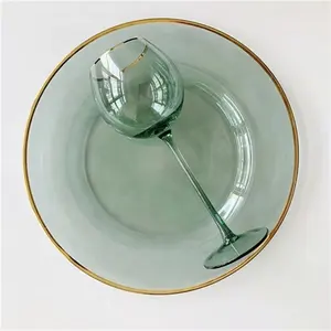 שמחה כלי שולחן ירוק זכוכית מטען צלחות עם זהב רים עתיק זהב צלחת