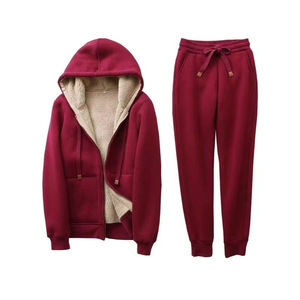 <span class=keywords><strong>Traje</strong></span> Deportivo Casual de Moda para <span class=keywords><strong>Mujer</strong></span>, <span class=keywords><strong>Chaqueta</strong></span> con Capucha de Manga Larga Forrada de Felpa Gruesa para Invierno, Pantalones Deportivos Holgados de Color Sólido Simple - Product Image 5
