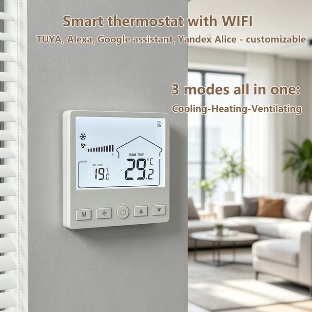 Smart WiFi Fan Coil Thermostat with Alexa & Google Assistant Cooling, Heating, Ventilation, and Floor Heating Controller 3-in-1