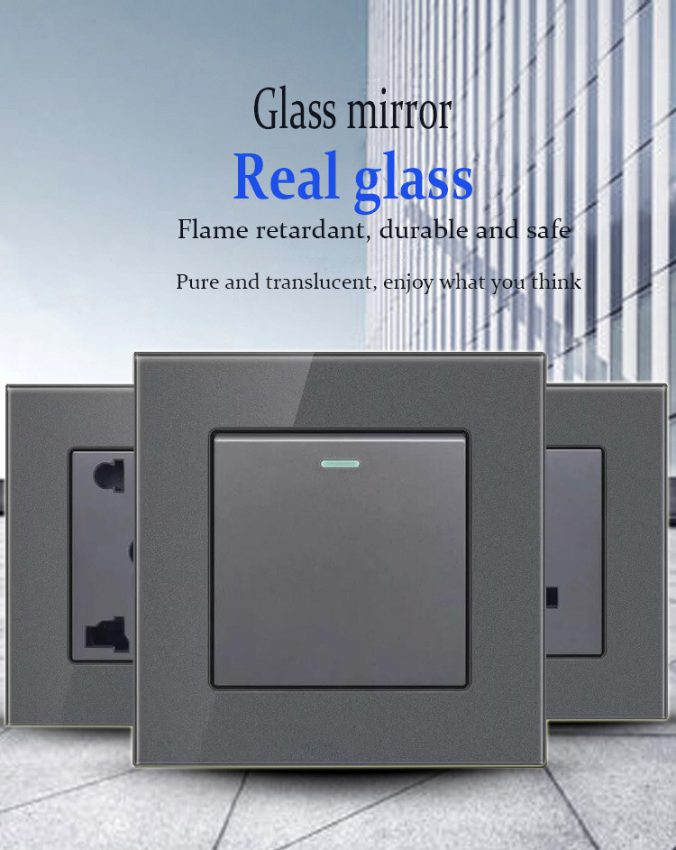 multi-functional grey tempered glass wall socket panel British standard Hong Kong version usb switch wall socket