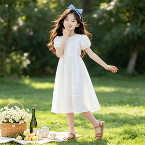 Vestito da bambina in cotone morbido bianco stile francese, abito da principessa <span class=keywords><strong>chic</strong></span> per bambine con gonna lunga e maniche a palloncino, per bambine più grandi - Product Image 3