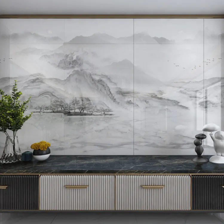 High Quality Polished Porcelain Marble Look Slabs Ink Painting Textured Sintered Stone For Wall Background