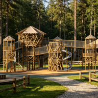 Grande structure de jeu d'aventure en bois pour l'extérieur avec toboggan en spirale et structure d'escalade en filet de cordes