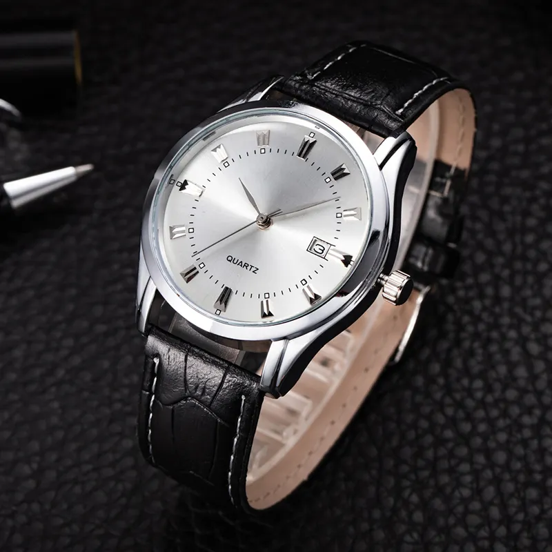 Fashion PU Leather Man Watch Luxury 3ATM waterproof Silver Case Wrist Watches Men