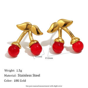 Pendientes de tuerca de cereza de acero inoxidable chapados en oro para mujer, joyería de moda <span class=keywords><strong>E476</strong></span> - Product Image 6