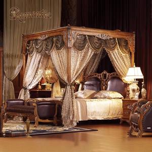 <span class=keywords><strong>Lit</strong></span> à baldaquin en bois massif <span class=keywords><strong>de</strong></span> <span class=keywords><strong>style</strong></span> royal européen avec détails artisanaux, rideaux en tissu <span class=keywords><strong>de</strong></span> luxe et tête <span class=keywords><strong>de</strong></span> <span class=keywords><strong>lit</strong></span> en cuir - Product Image 1