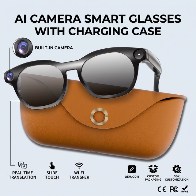 Wholesale AI Smart Glasses 8MP Camera Charging Case 1080P Video PVC Frame Real Time Translation WiFi Audio OEM ODM Supplier