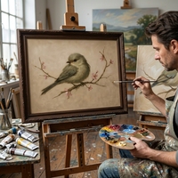 Peinture à l'huile artisanale 100% faite à la main, style Art Déco, petit oiseau peint à la main, sur toile de coton 450 g/m², pour décoration intérieure, vente en gros et dropshipping