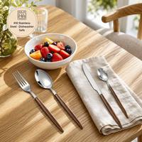 Ensemble de couverts en acier inoxydable avec manches en bois, durables, compatibles lave-vaisselle, pour hôtels, restaurants, traiteurs, vente en gros