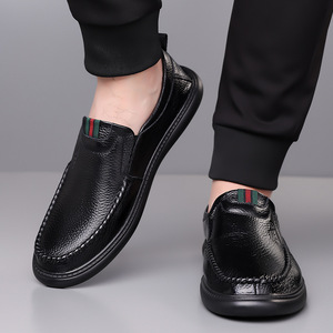 Men Summer Breathable Slip-On Loafers Round Toe Genuine Leather <b>Rubber</b> Sole Solid Color Casual Driving Shoes - Product Image 3