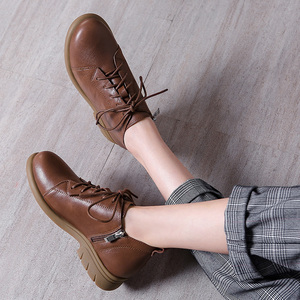 Botines altos de lujo para mujer, botines planos informales de cuero con cordones de piel, cierre de cremallera, resistentes al desgaste para Otoño e Invierno - Product Image 1