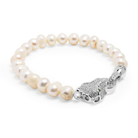 Bracelet Gemnel Hip Hop en laiton plaqué or 18 carats avec perle d'eau douce et fermoir tête de léopard/panthère serti de pierres pour hommes et femmes