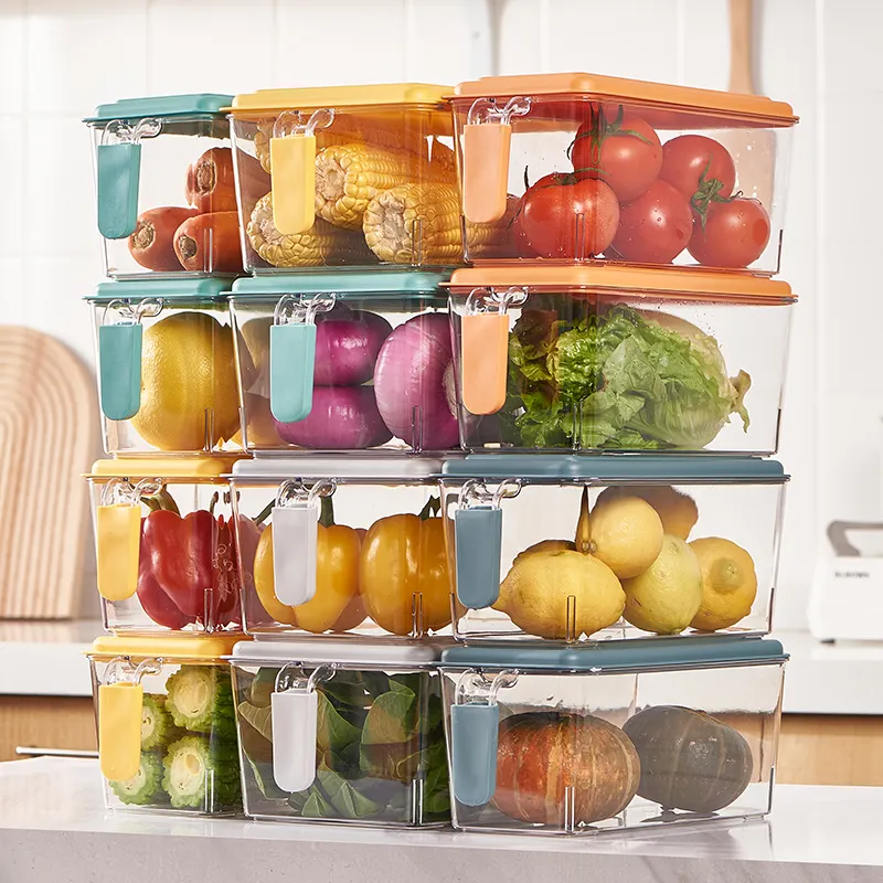 Kitchen Food Vegetable Refrigerator PET Plastic Storage Box Organizer Fridge Storage Container With Lid And Handle