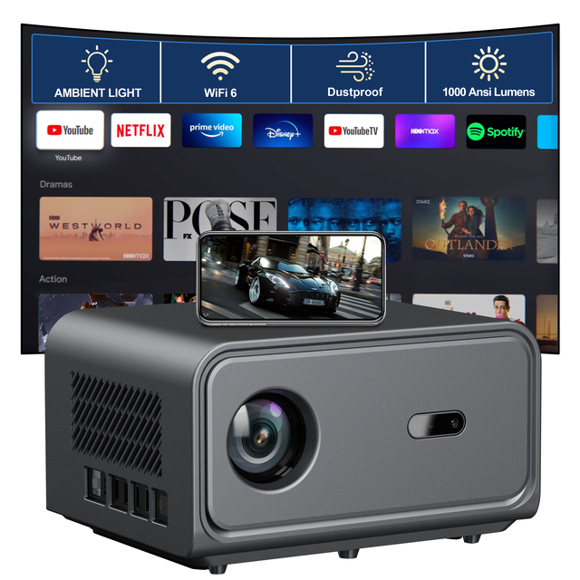 For Full HD 1080P 1000 ANSI Lumen Home Theater Smart Projector Android 14 System 3D Ready HIFI Stereo Portable Mini LED